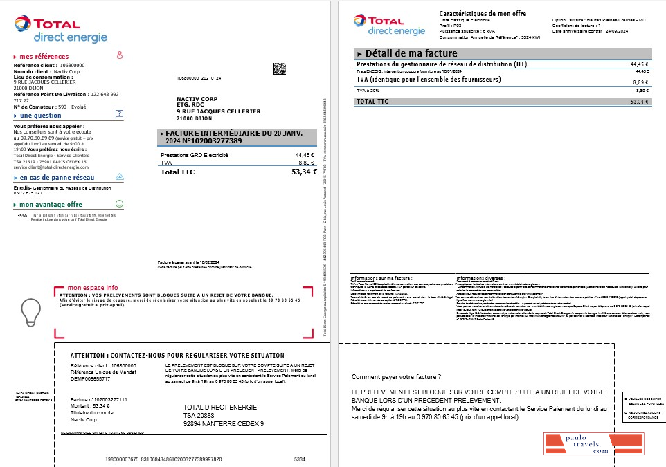 France Total Direct Energie business utility bill template in Word and PDF formats1